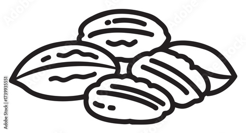 Black outline illustration of three unshelled pecans and two shelled pecans, highlighting their distinct textures and details.