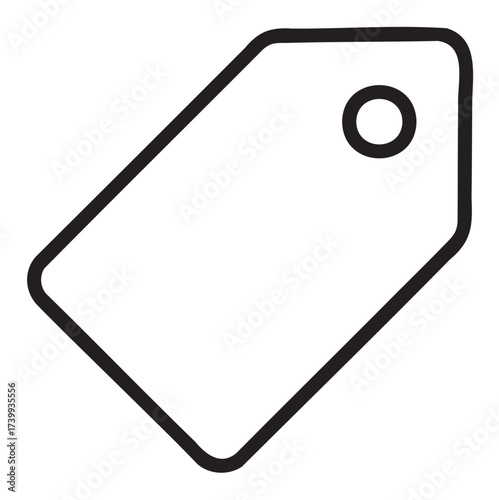 Simple black outline icon of a price tag with a rounded rectangle shape and a hole for hanging.