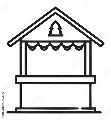 Black outline vector icon of a simple wooden market stall with a scalloped canopy and triangular detail on the roof.