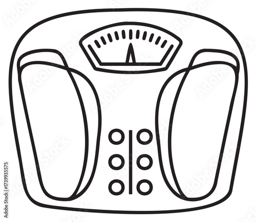 Black outline icon of a traditional analog bathroom scale with a pointer display. minimalist design suitable for weight measurement and health concepts.