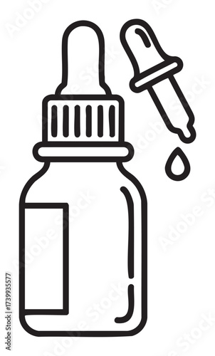 Black outline of a dropper bottle with a dropper beside it, dripping a single drop, conveying concepts of medicine or beauty care.