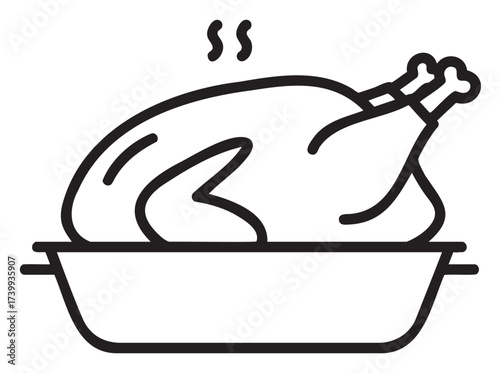 Black outline icon of a whole roasted chicken in a rectangular baking dish with steam lines above, symbolizing cooked meal.