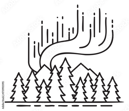 Black outline vector icon of a stylized northern lights display above a forest of simple triangular trees and mountains.