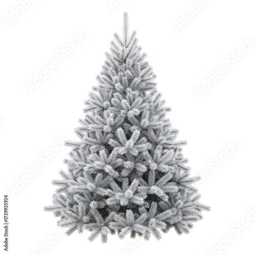 Flocked artificial Christmas tree with dense branches on background snow