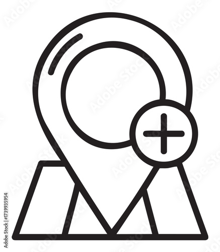 Black outline icon of a location pin with a plus symbol on a folded map, representing the concept of adding a new place or location.