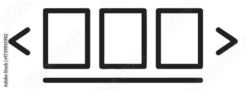 Simple black outline icon of a carousel with three square slides and navigation arrows. minimal design for presentation or gallery concepts.