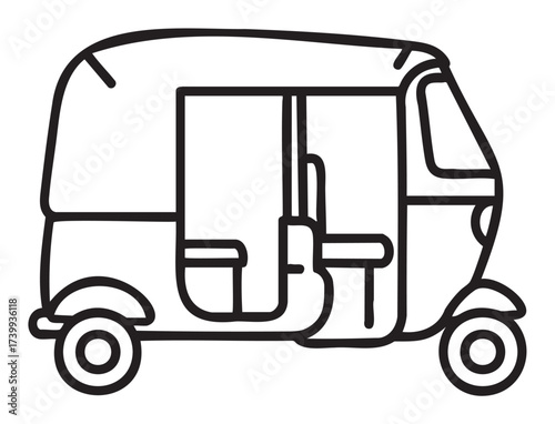 Black outline of a simple motorized rickshaw with minimal detailing and clear structure, showcasing essential features for transportation concept.