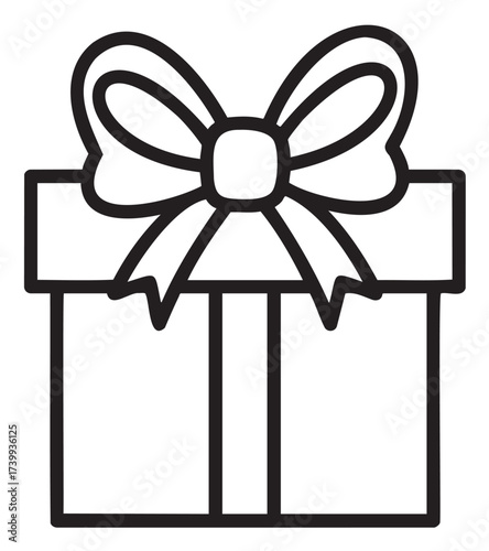 Black outline icon of a square gift box with a large ribbon and bow on top.