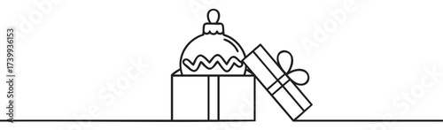 Black outline of a festive christmas ornament with a wavy pattern, placed inside an open gift box with a ribbon bow.