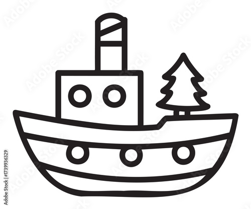 Simple black outline vector icon of a small tugboat with a chimney and christmas tree on deck, ideal for nautical and holiday themes.