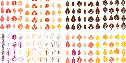 Collection of autumn leaves and trees in various colors and styles for seasonal designs