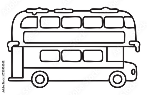 Black outline drawing of a double-decker bus with snow on its roof and windows, featuring clean and simple details.