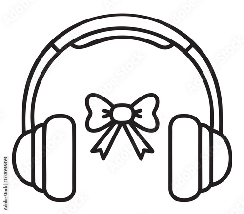 Black outline drawing of large over-ear headphones with a decorative bow attached to the headband, symbolizing music and style.