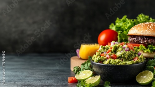 Vertical poster showing fresh gourmet burger topped with homemade guacamole emphasizing quality ingredients