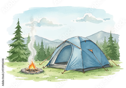 Peaceful camping scene with blue dome tent vector illustration. The tent is pitched next to warm campfire nestled in ring of stones, backdrop of lush pine trees and distant mountains.