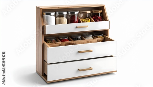 Modern wooden spice rack organizer with white drawers and glass jars filled with various seasonings, isolated on a white background.