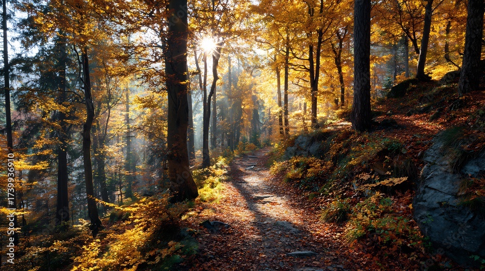 Obraz premium Sunlit forest path in autumn with golden leaves on trees and covering the ground, bright sun rays illuminating the peaceful fall landscape.