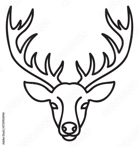 Black outline of a deer's head with large, intricate antlers facing forward, showcasing detailed curves and shapes.