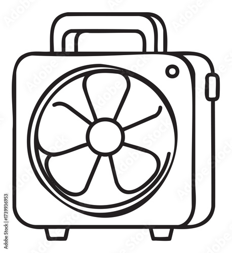 Black outline drawing of a portable box fan with a large circular fan blade and a sturdy handle on top.