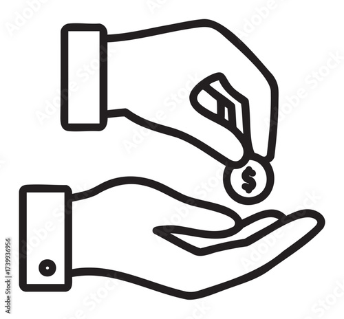 Black outline icon of a hand dropping a coin with a dollar sign into an open hand below, symbolizing financial exchange and transactions.