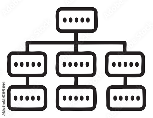 Black outline icon of a hierarchical flowchart with interconnected rectangular boxes for structured organization concepts.