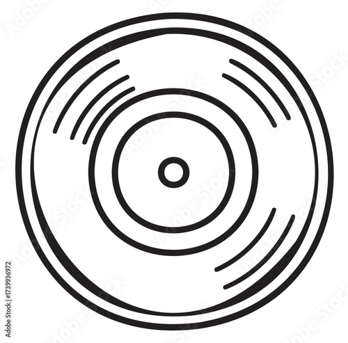 Black outline vector icon of a vinyl record with detailed grooves. stylized minimalistic illustration representing music and retro concepts.