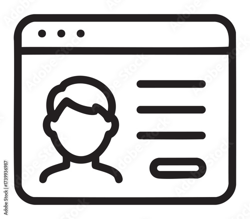 Black outline icon of a user profile window with a generic avatar and placeholder text lines. ideal for identity, account, and interface design concepts.