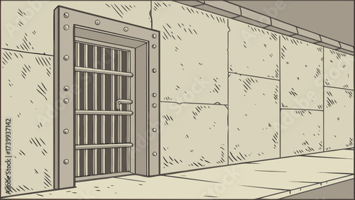 Illustration of a metal barred door set in a stone wall with a handle and bolted frame in a corridor