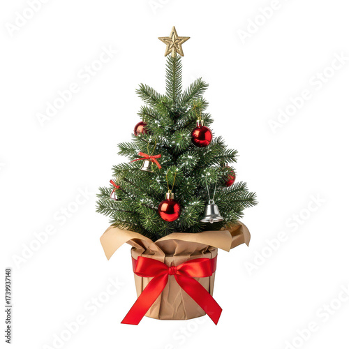 Small decorated Christmas tree with red ornaments silver bells and gold star on background