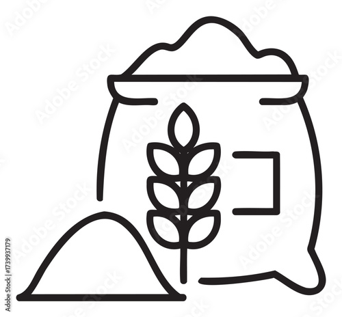 Black outline icon of a sack of flour with a wheat stalk and a small mound of flour next to it, representing baking and agricultural concepts.