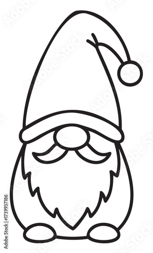 Black outline drawing of a whimsical gnome with a large hat and bushy beard, sitting down with a cheerful expression.