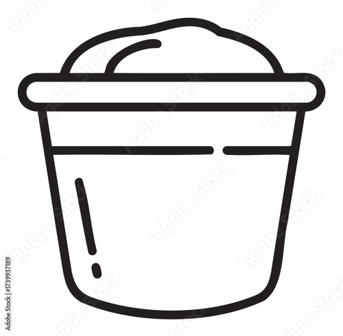 Black outline icon of a simple bucket with a scoop of ice cream on top, using minimal linear style for culinary and dessert themes.