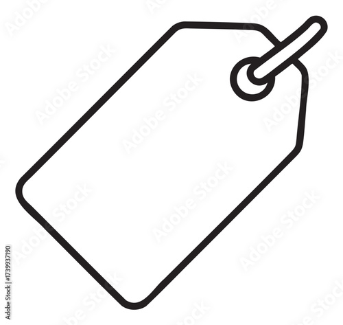 Simple black outline of a blank price tag with a hole and string at the top corner, ideal for labeling and identification purposes.