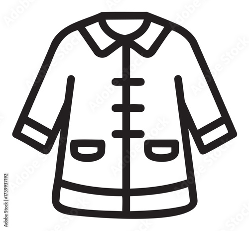Black outline icon of a simple long-sleeved coat with a collar and pocket details.