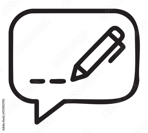 Black outline icon of a pencil drawing a dashed line inside a speech bubble, representing writing or communication.
