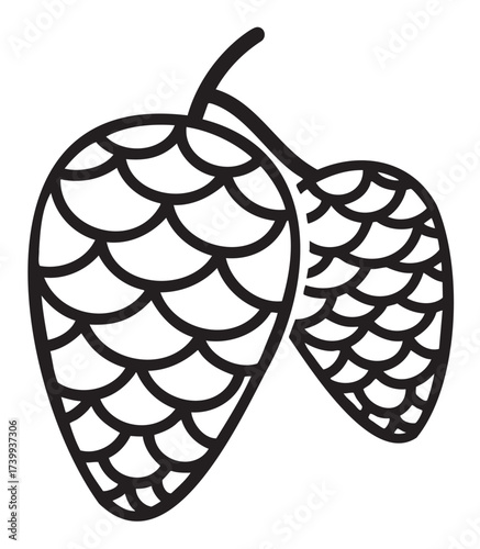Black outline vector icon of two hops cones with a simple scale pattern design. minimal illustration for beer brewing, agriculture, and botanical concepts.