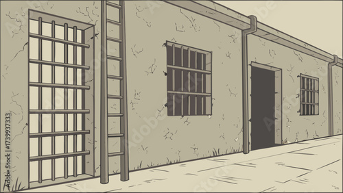 A building exterior with barred windows and a ladder against a weathered wall in a prison scene