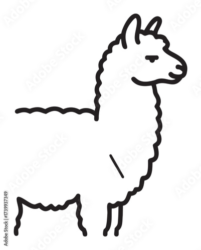 Black outline vector icon of a standing llama with a simple, minimal design and a wavy fur texture, facing right.