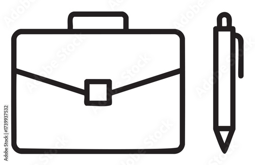 Black outline icon of a briefcase and a pen side by side, representing business and office work essentials.