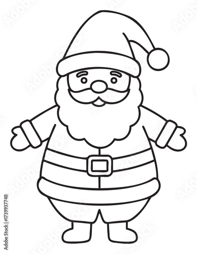 Black outline drawing of a cheerful santa claus with a hat, belt, and gloves, featuring a full beard and mustache, standing with open arms.