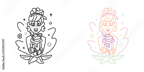 Cute girl exited with her fresh and recharging cool whip creamy topping sweet milkshake ice drink. line art or outline asia japan korea fun modern style illustration 