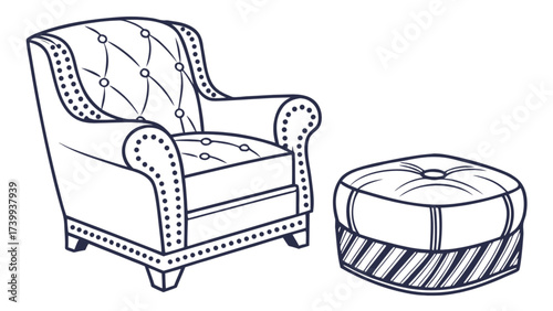 Illustration of a tufted armchair with nailhead trim and a matching ottoman on a white background