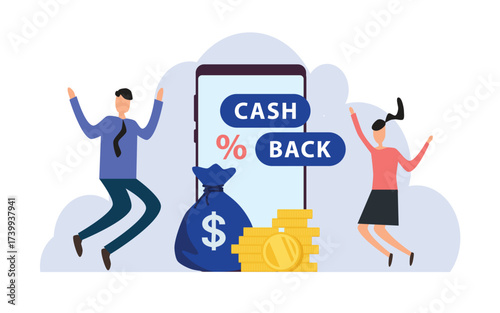 Online cash back or money refund concept. Happy people receiving cashback. Saving money, get vouchers and discounts, reward program