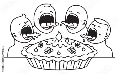 Four cartoon characters excitedly open their mouths wide to devour a delicious pie topped with decorative elements.