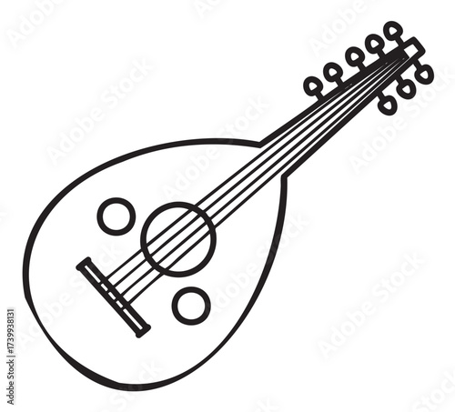 Black outline drawing of a traditional oud musical instrument with a rounded body and multiple strings. the design highlights the oud's distinct pear shape and ornate tuning pegs.