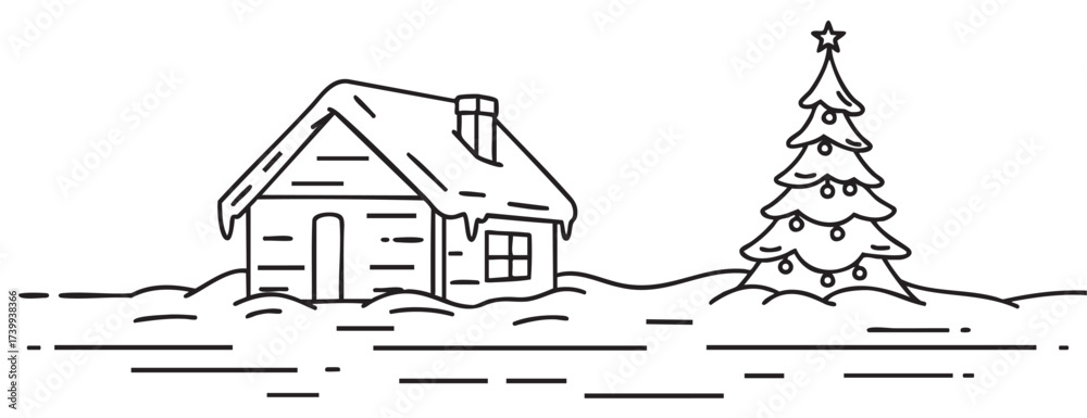 Fototapeta premium Simple black outline illustration of a snow-covered wooden cabin beside a decorated christmas tree with ornaments and a star on top.