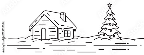 Simple black outline illustration of a snow-covered wooden cabin beside a decorated christmas tree with ornaments and a star on top.