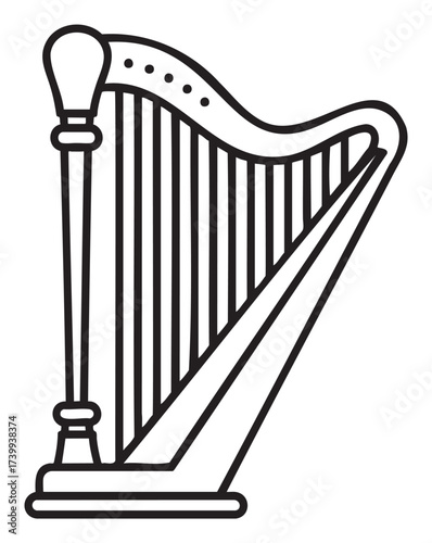 Black outline icon of a classical harp with a curved frame and several strings, ideal for music and instrument-themed designs.