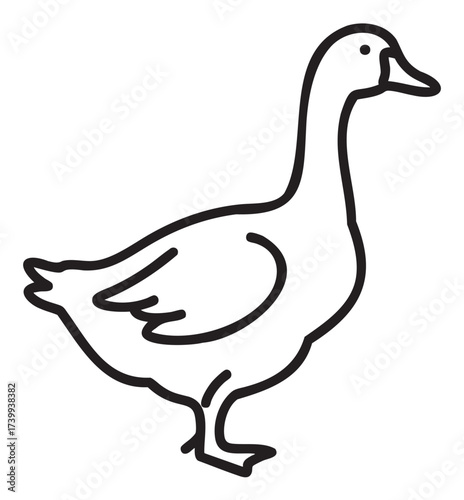Black outline graphic of a standing duck facing right, depicted in a minimal and simplistic style.