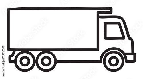 Black outline icon of a simple delivery truck with six wheels, showcasing a minimal design for transportation and logistics concepts.